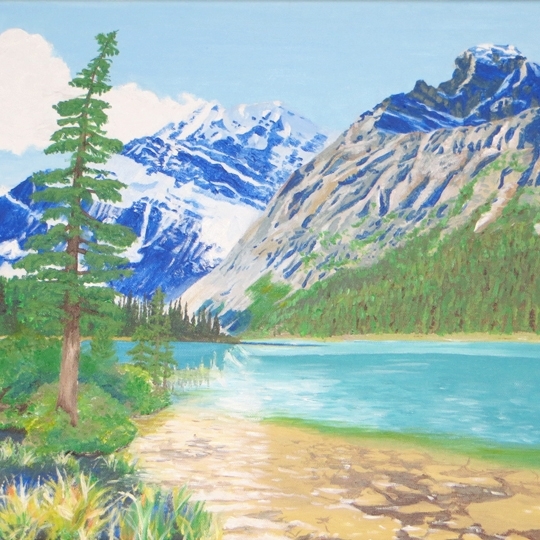 Mountain painting with river and large evergreen in foreground
