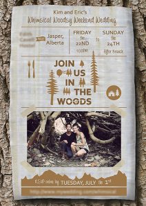 Woodland Wedding Invitation Design on tree that says Join us in the woods