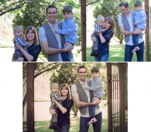 Two photos on top that become one photo on bottom. Features 2 adults and 2 children.