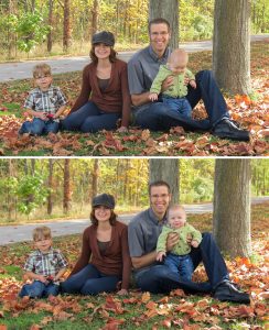 Two photos of family with new image of baby interchanged in bottom image.