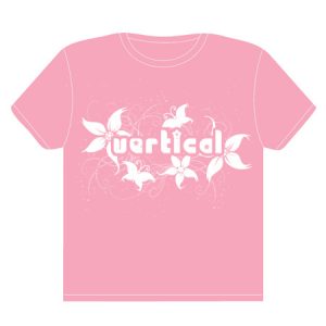 Pink tshirt with words vertical and white flowers