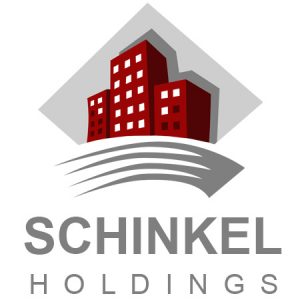 Schinkel Holdings logo with red apartment buildings and grey letters