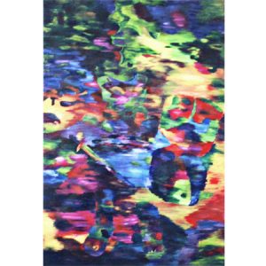 Abstract, bright coloured painting with green, yellow, red, blue.