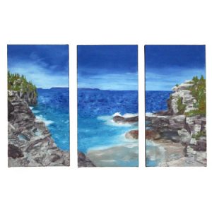 Three rectangle paintings that form one with rocks, bushes, and water.