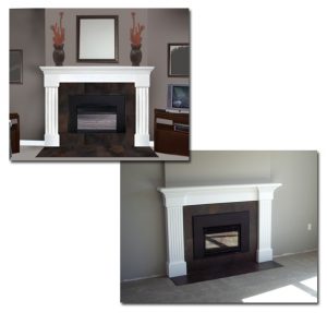 Two pictures. One is mockup and other is real fireplace with brown tiles, black insert, and white columns.