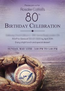 80th Birthday Celebration inviation with wood and blue jay baseball in glove