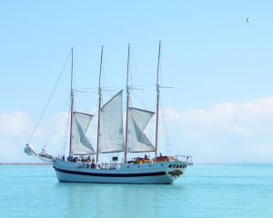 Sailing Ship in Chicago, Illinois with added clouds, bird, and blue water