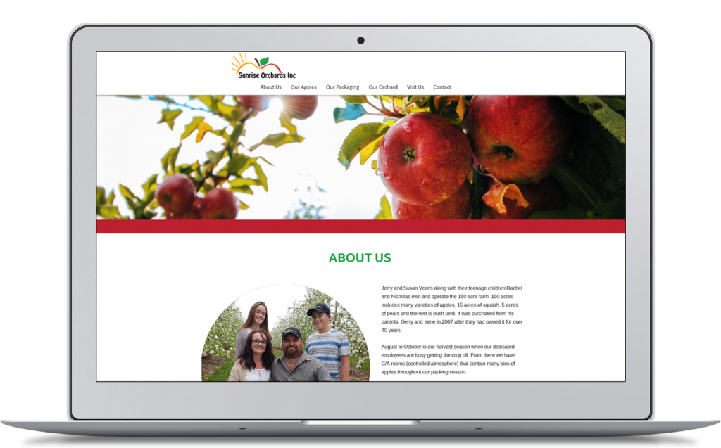 Computer screen with wordpress Sunrise Orchards website