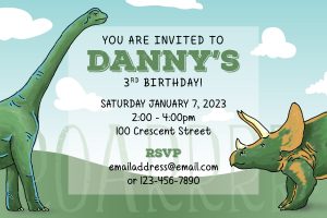 Green dinosaur birthday invitation with blue sky and white clouds