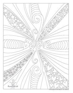 Colouring Page with Believe Word in Center and patterns around it