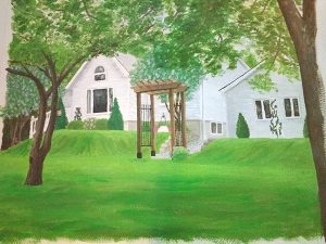 Painting of home in summer time with green grass, trees and brown arbor.