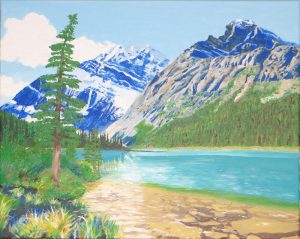 Mt. Edith Cavell with Cavell Lake and large tree in foreground painting