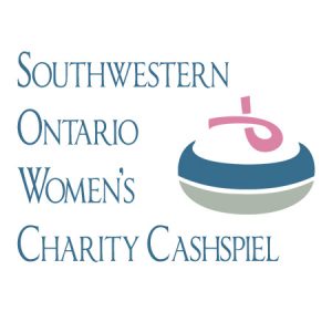Southwestern Ontario Women's Charity Cashspiel with pink ribbon and curling rock logo