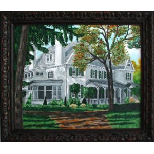 Victorian white siding bed and breakfast with green shutters framed painting