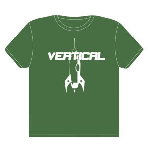 Green tshirt with words vertical and picture of rocket
