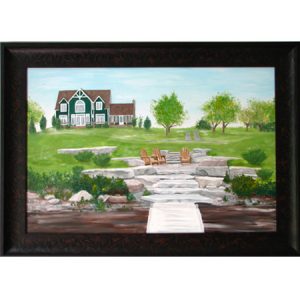 Framed painting of large green cottage at water with stone deck and muskoka chairs.