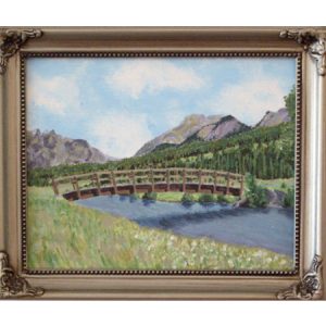 Mountains, bridge, river framed painting