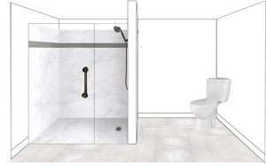 Mockup of white bathroom with glass shower and toilet