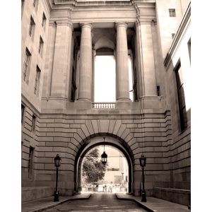 Brown tone photo of columned Archway in Washington, DC