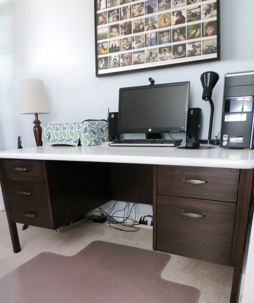 Repainted brown gel stain drawers and white top on large desk. 