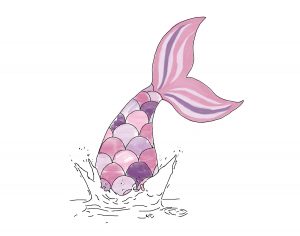 pink and purple mermaid tail with black and white splash