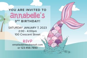 Mermaid tail birthday invitation with blue sky and white clouds