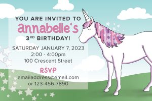 Unicorn birthday invitation with blue sky and white clouds