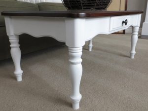 brown and white farmhouse distressed coffee table