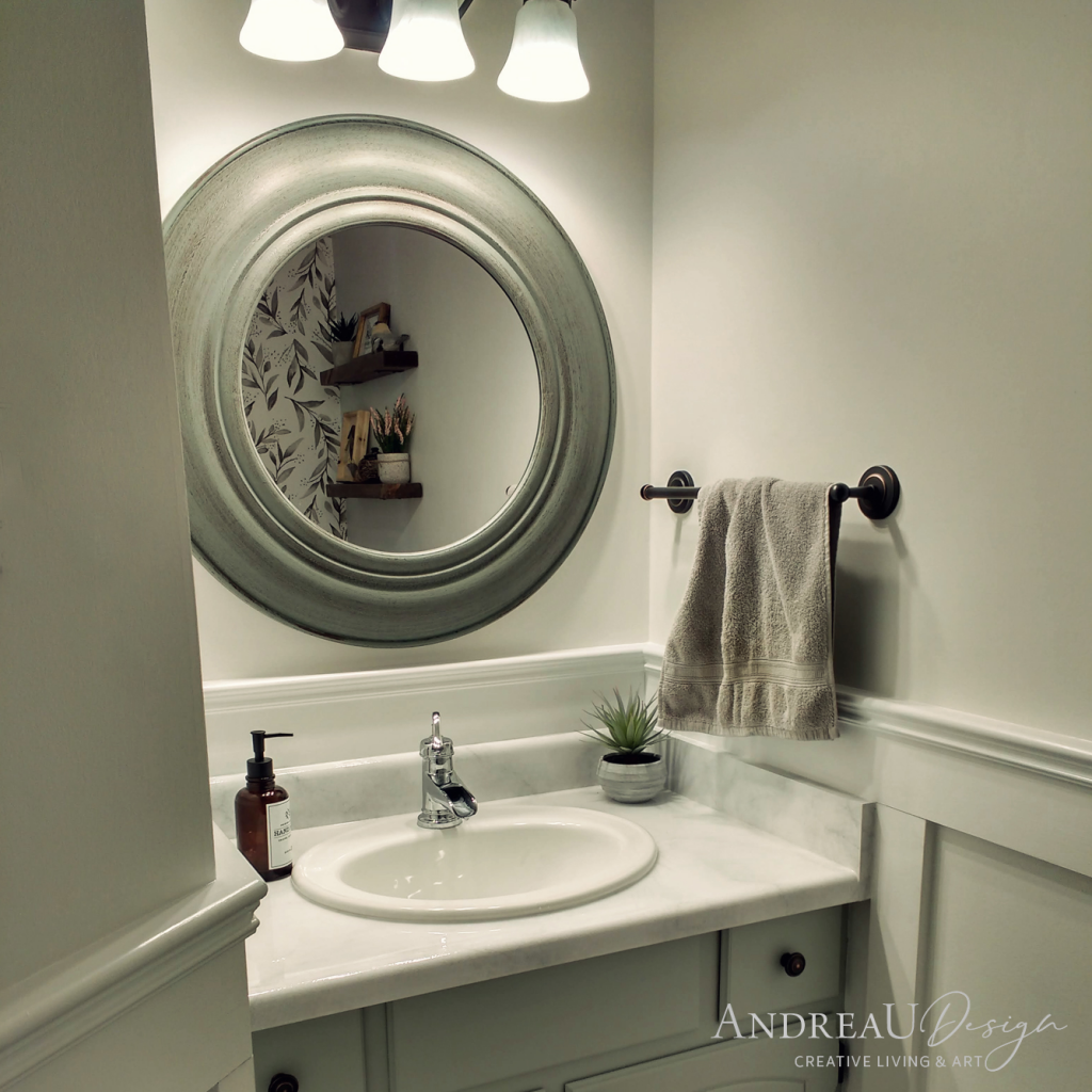 Finished Powder Room with Faux Marble Painted Countertop